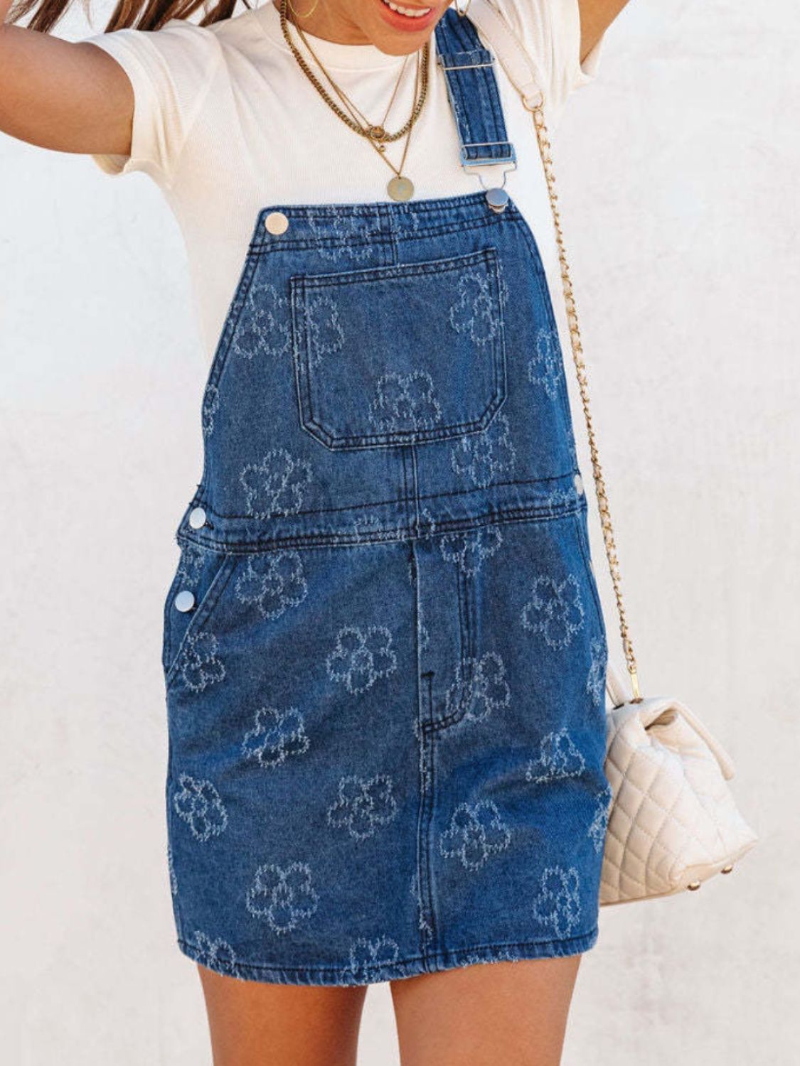 Flower Wide Strap Denim Overall Dress with Pockets.