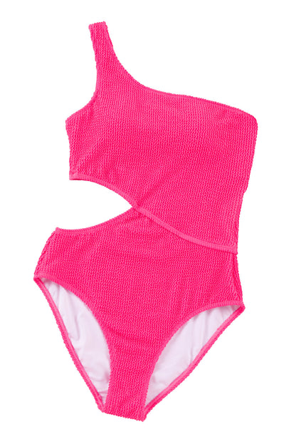 Bold bright pink textured one-shoulder monokini with cut-out design