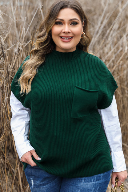 Cozy jungle green plus size mock neck sweater with chest pocket