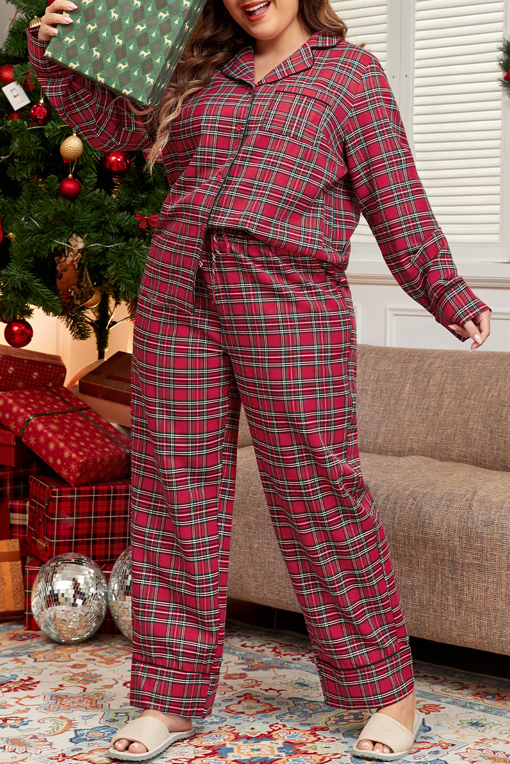 Cozy chic: Plus size red plaid shirt and pants lounge set