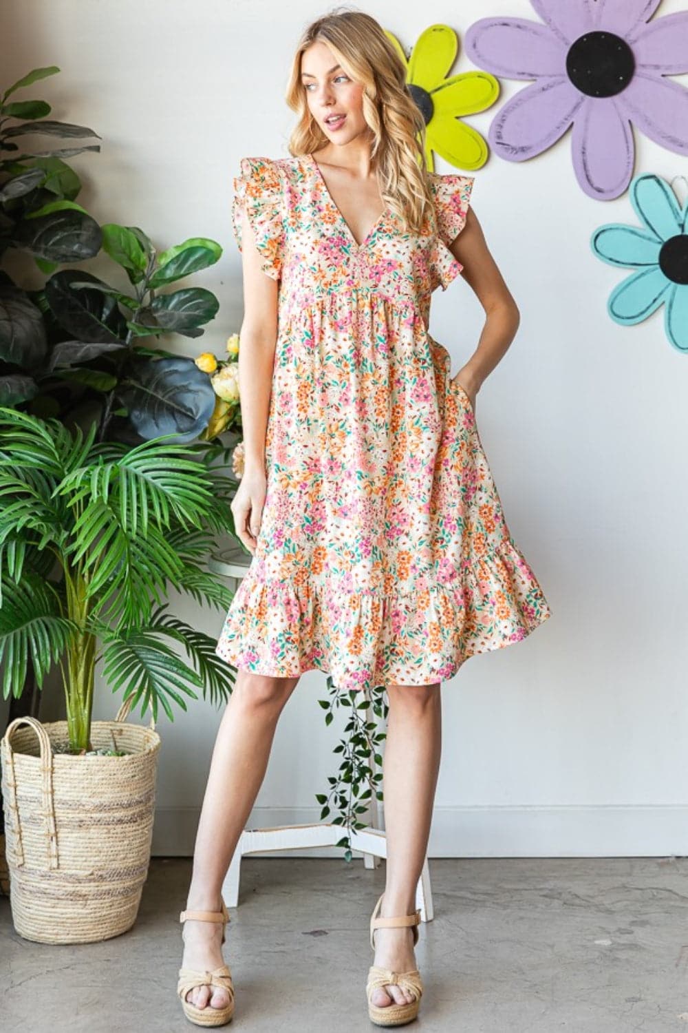 Heimish Full Size Floral Ruffled V-Neck Dress.