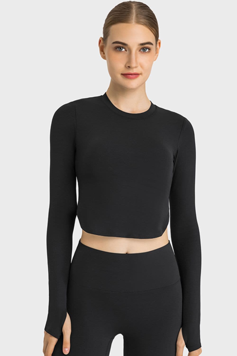 Side Slit Long Sleeve Round Neck Crop Top.