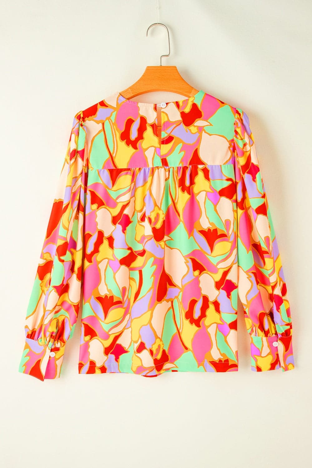 Contrast Print Round Neck Long Sleeve Blouse.