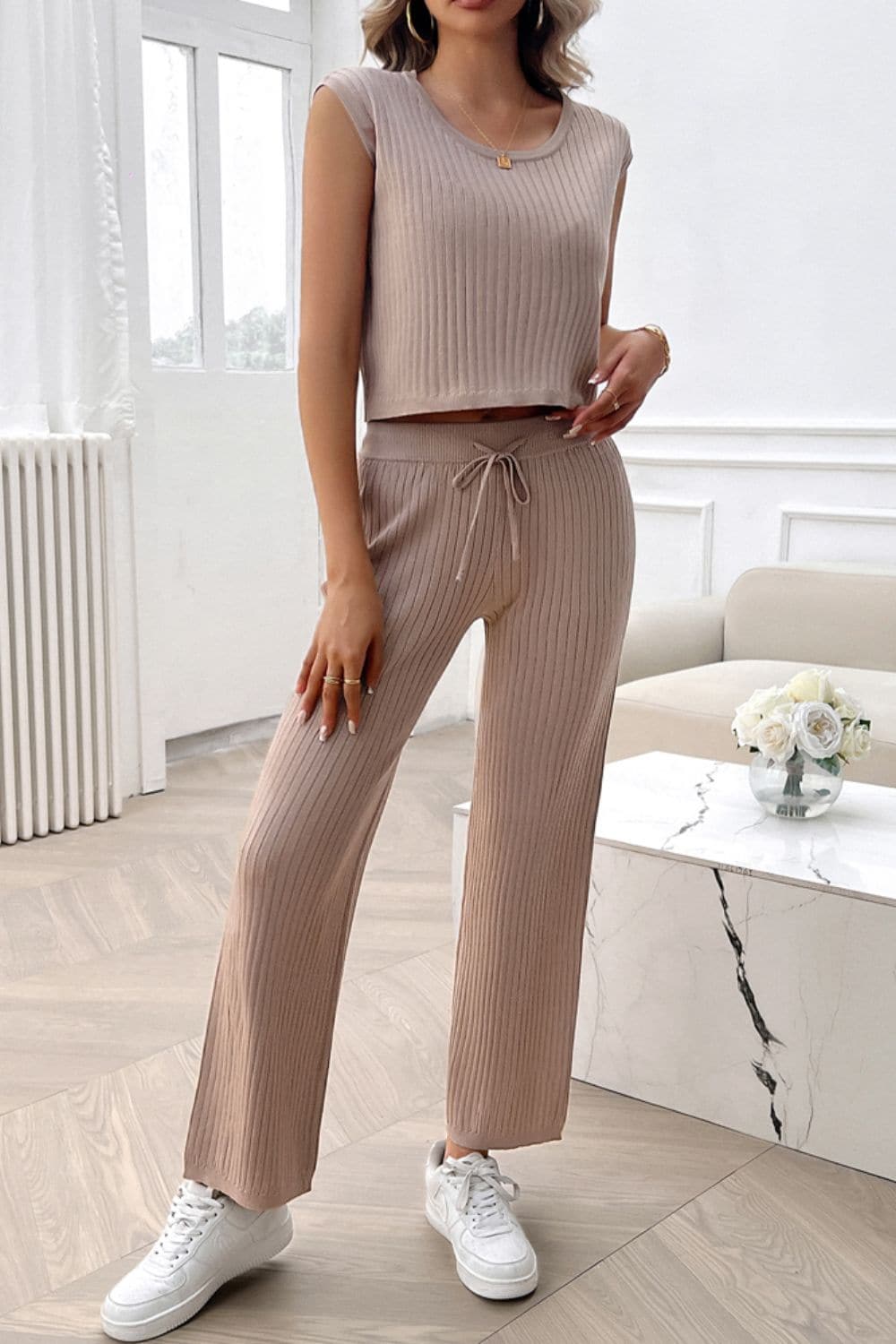 Ribbed Round Neck Top and Pants Set.