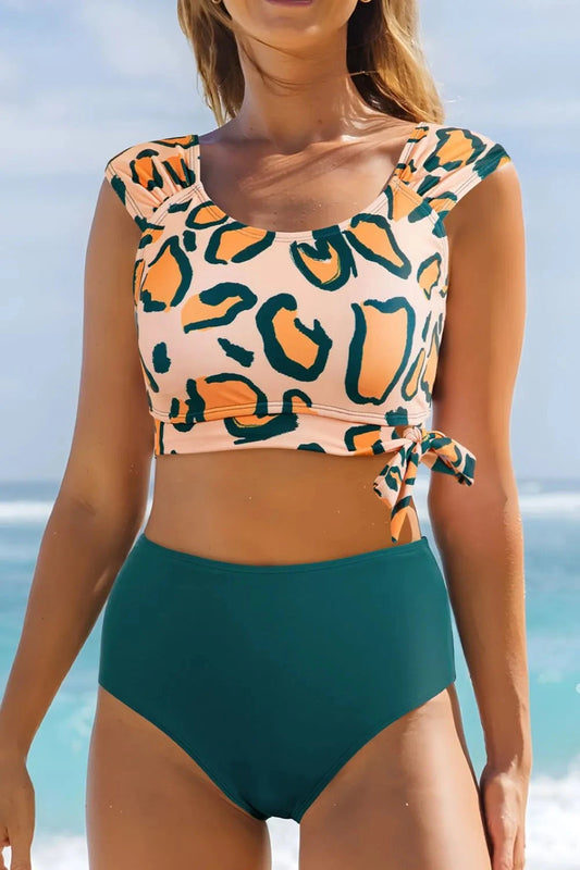 Leopard Print U Neck Knotted High Waist Bikini Set Simply Love