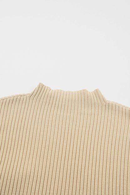 Chic oatmeal ribbed knit sweater with patch pocket