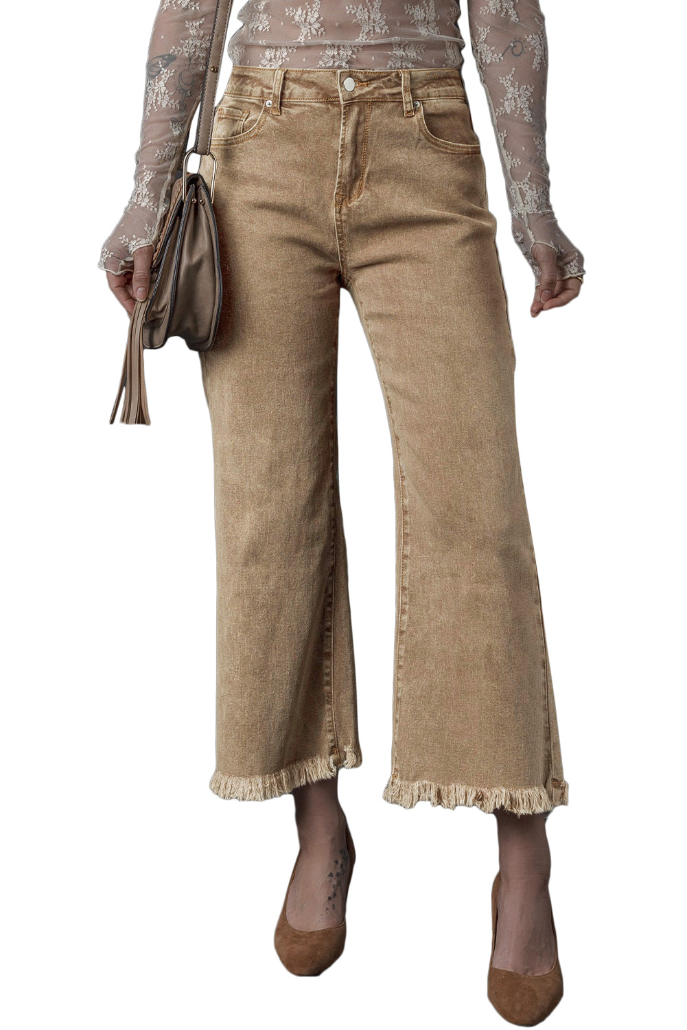 Chic light beige high-rise cropped wide-leg jeans with frayed hem