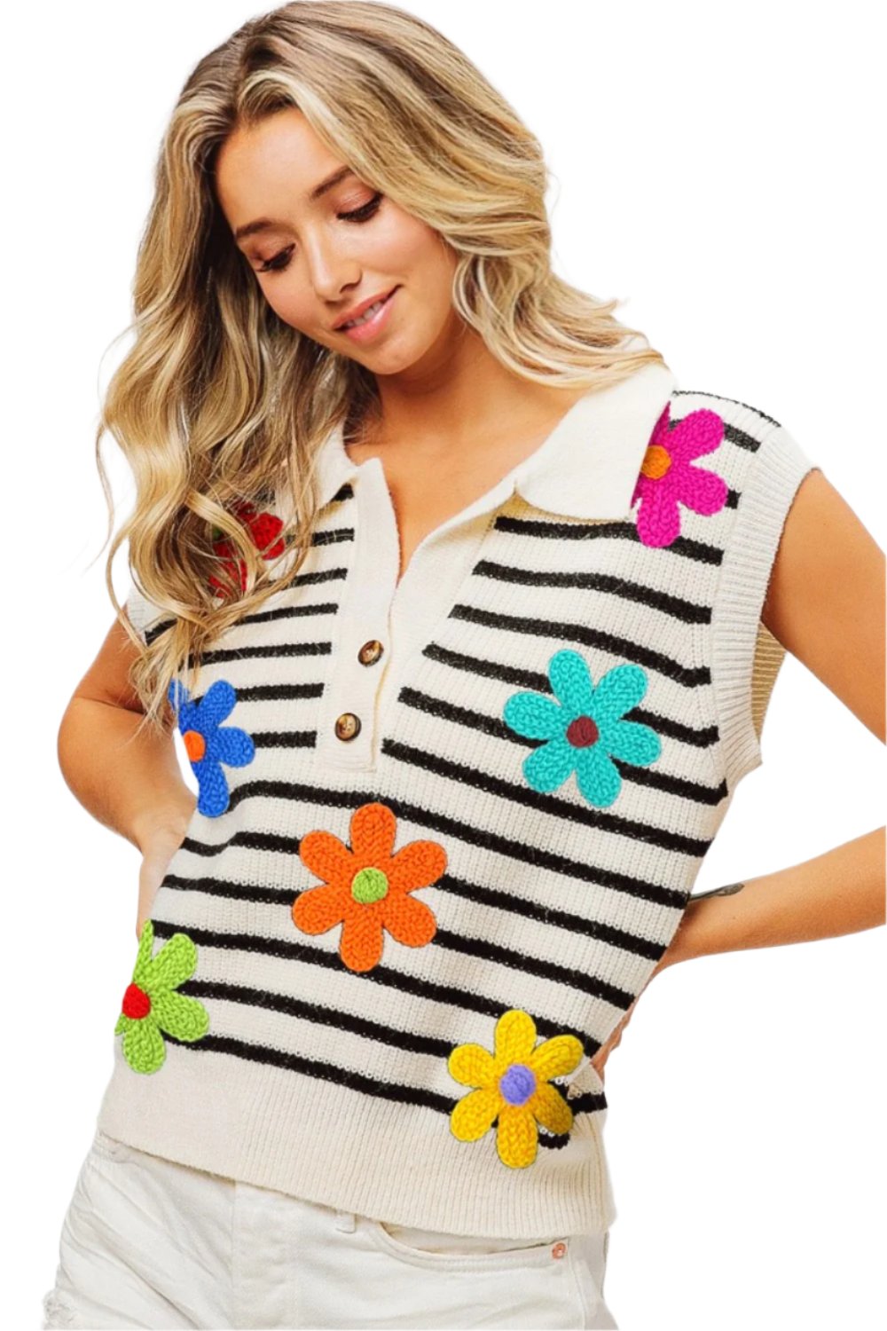 BiBi Flower Patch Striped Half Button Sweater Vest.