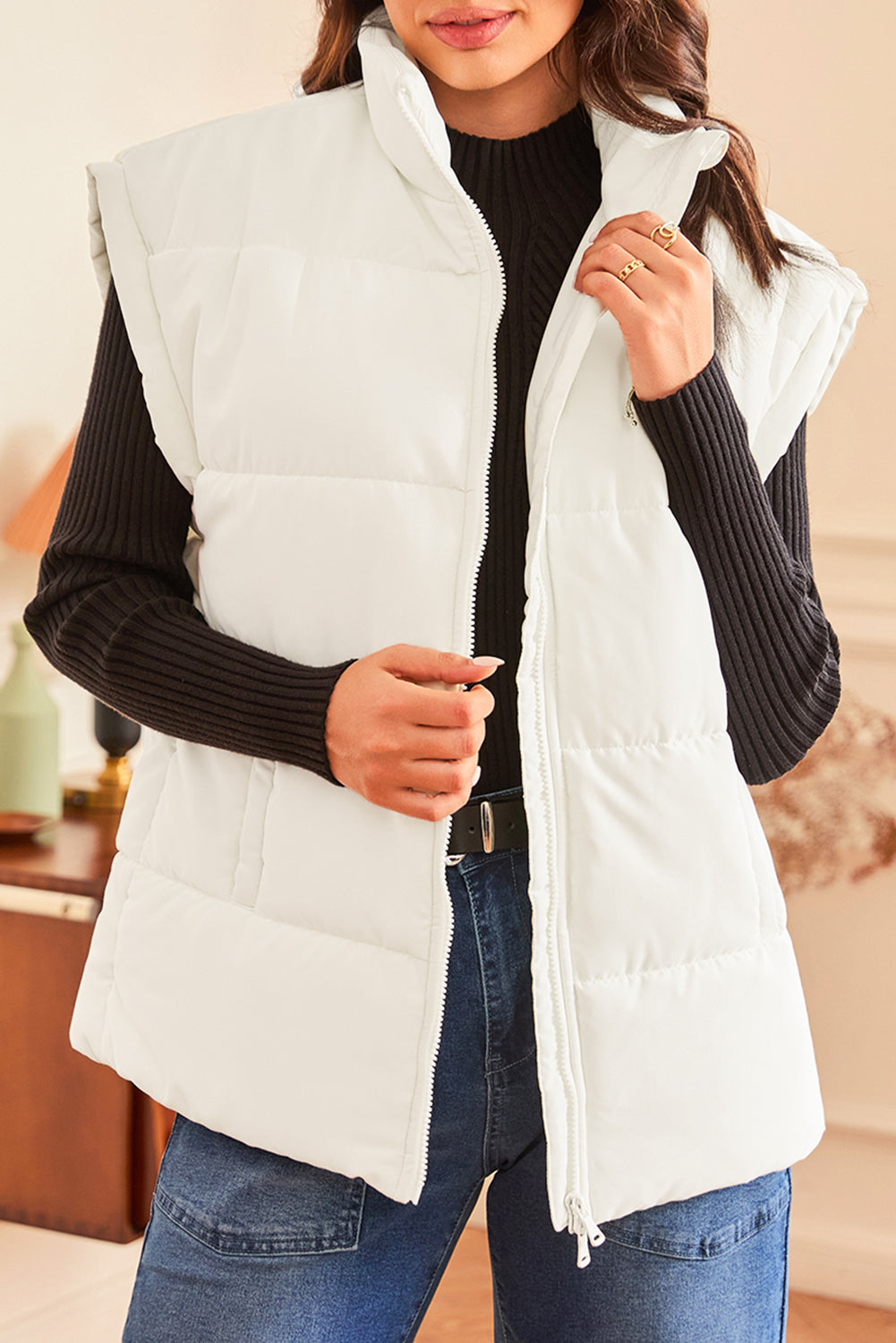 Beige Zipper Stand Neck Oversized Puffer Vest Love Salve