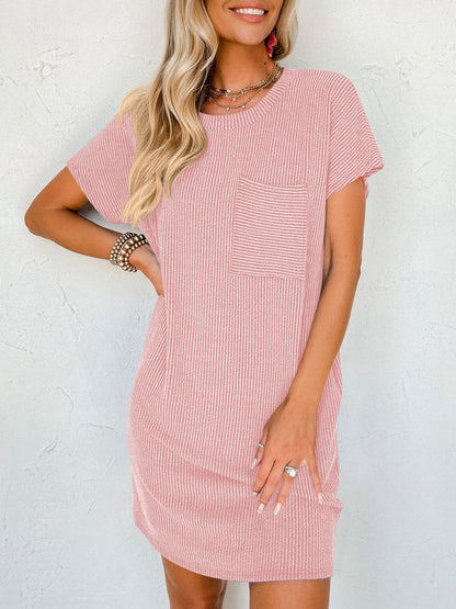 Round Neck Short Sleeve Mini Dress.