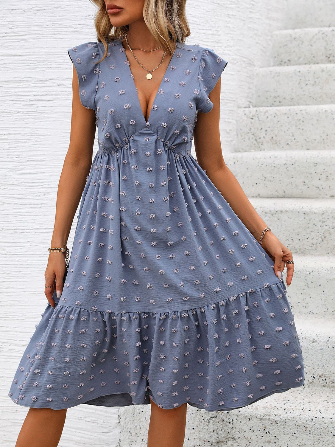 Swiss Dot V-Neck Cap Sleeve Dress.