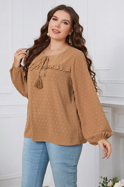 Melo Apparel Plus Size Swiss Dot Frill Trim Round Neck Blouse.