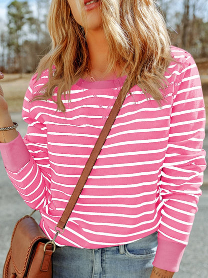 Striped Round Neck Long Sleeve Sweatshirt.