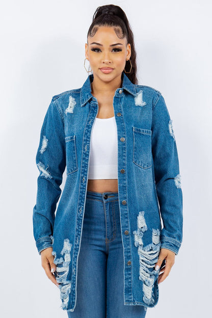 Distressed denim button-up jacket