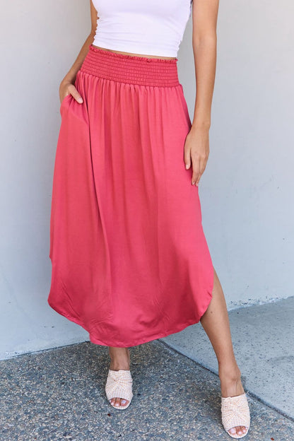 Doublju Comfort Princess Full Size High Waist Scoop Hem Maxi Skirt in Hot Pink.