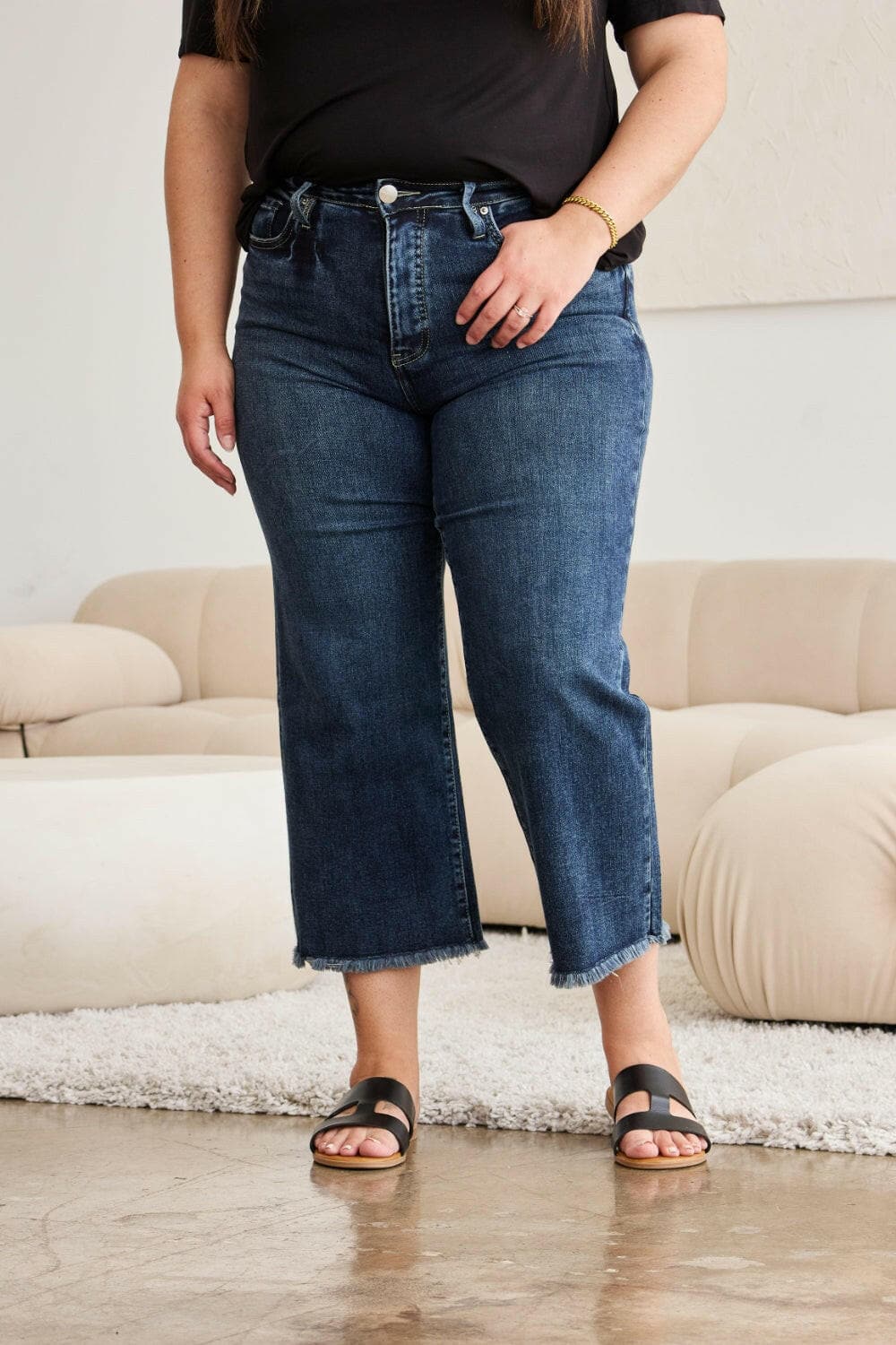 RFM Full Size Tummy Control High Waist Raw Hem Jeans.