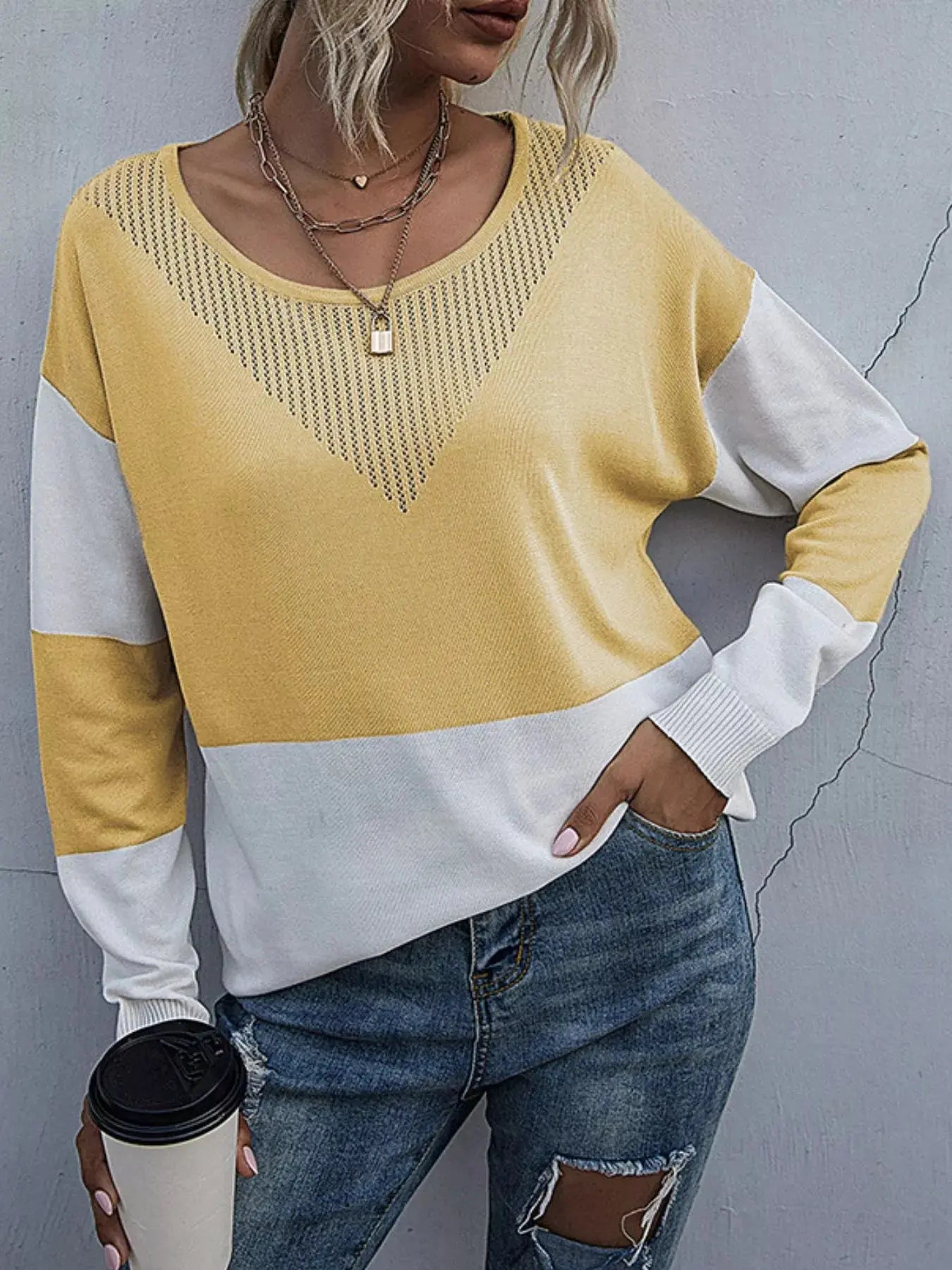 Color Block Round Neck Sweater Simply Love