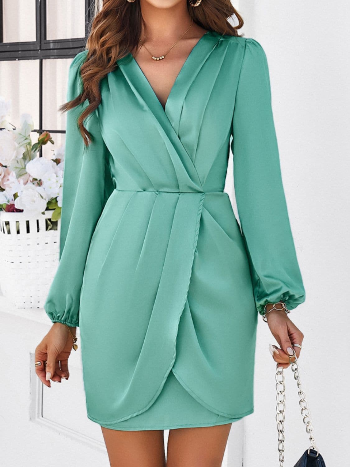 Ruched Surplice Long Sleeve Mini Dress.