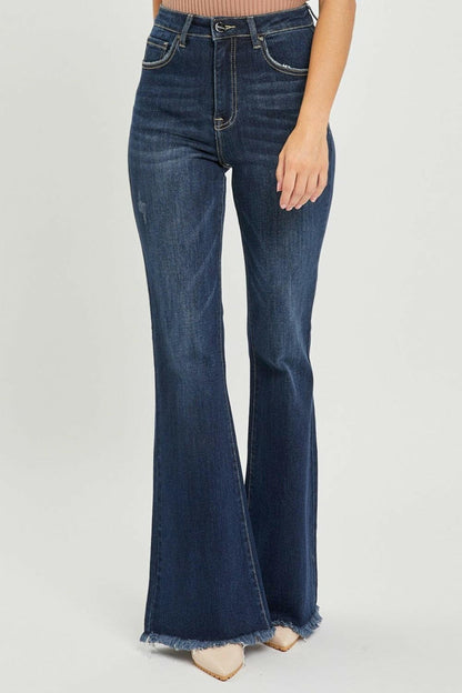 RISEN High Waist Raw Hem Flare Jeans.