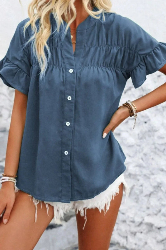 Ruffled Ruched Short Sleeve Button Down Shirt Simply Love