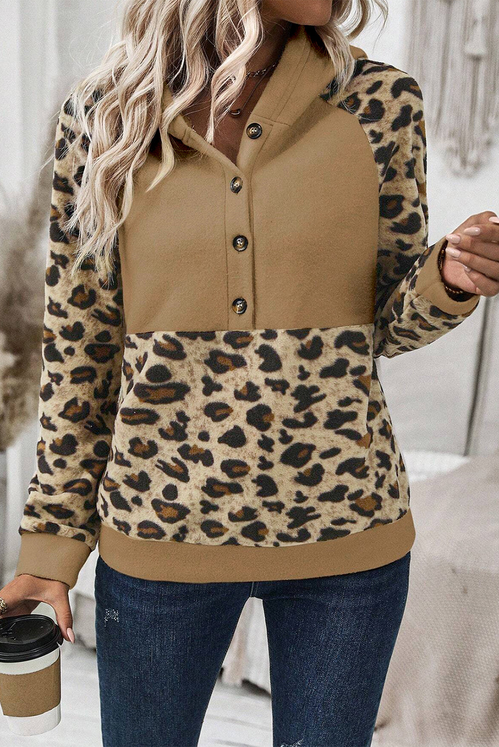 French beige leopard patchwork hoodie with half-button detail and raglan sleeves