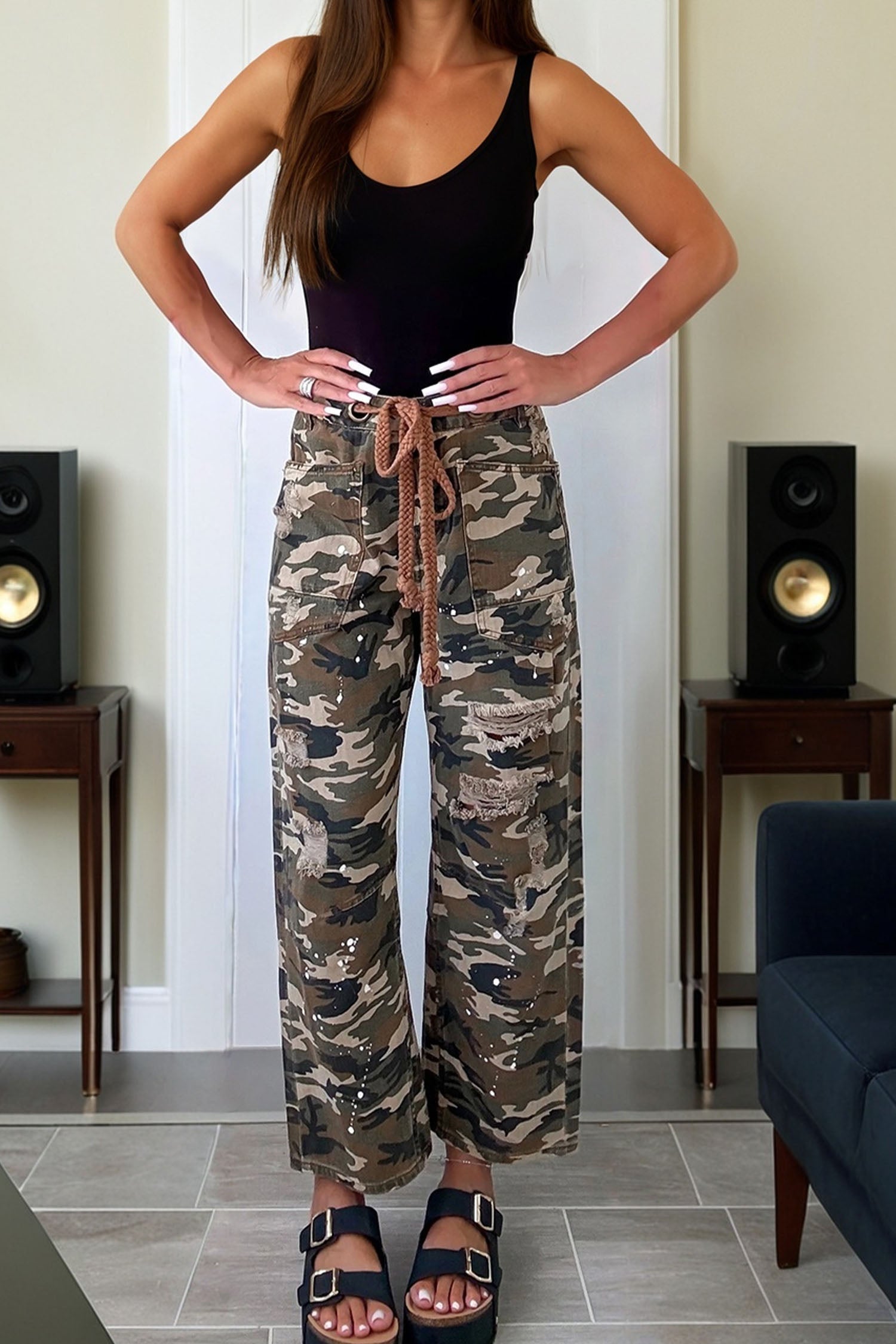 Green Camouflage Print Distressed Loose Denim Pants With Splash Design Dear-Lover Dropshipping