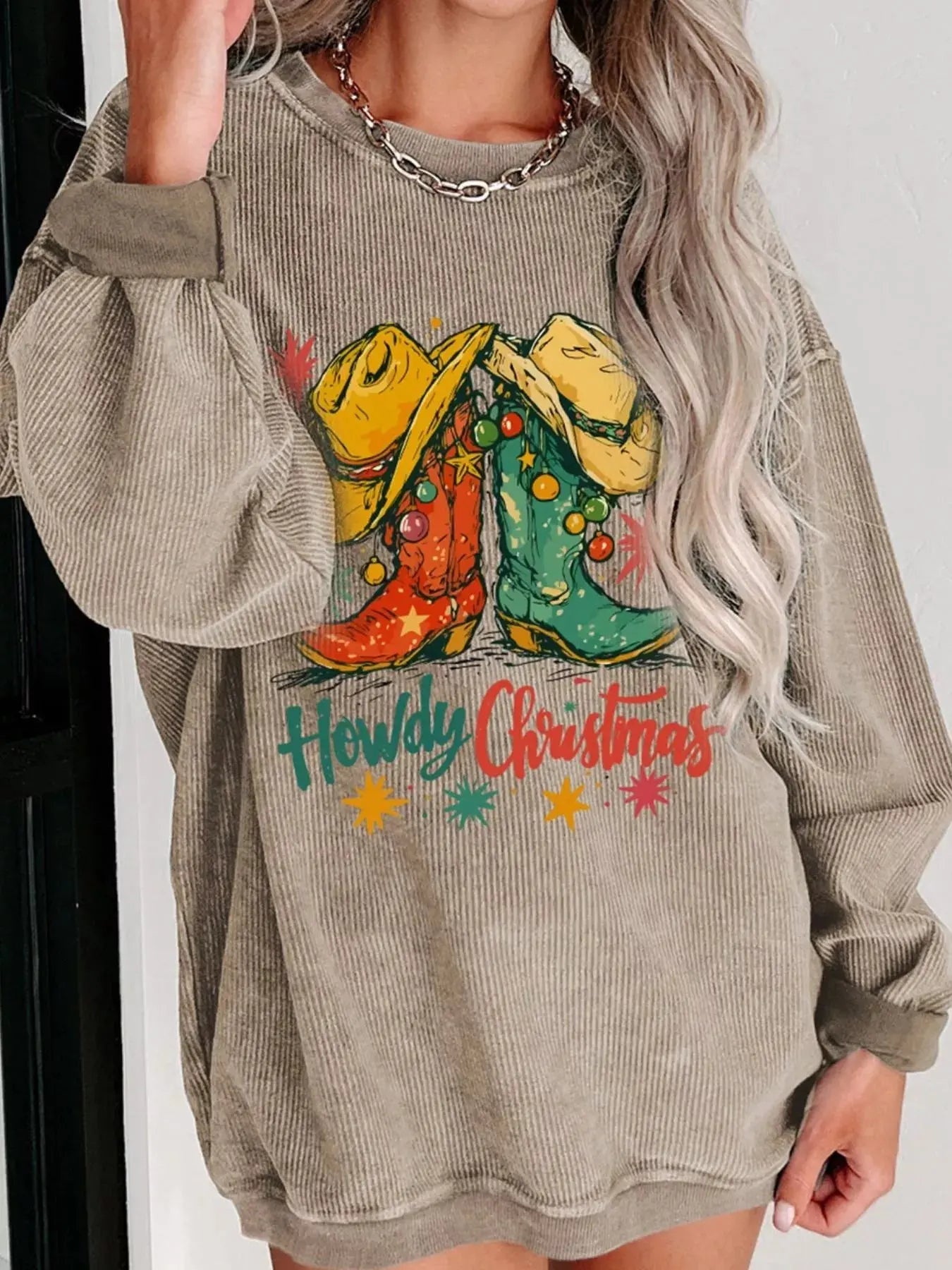 Howdy Christmas Cowboy Boots Graphic Corded Sweatshirt Simply Love