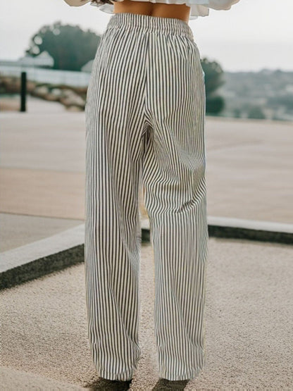 Drawstring Striped Elastic Waist Pants.