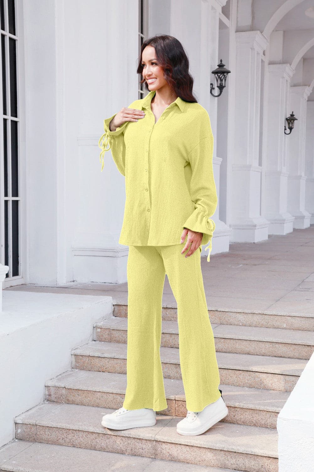 Drawstring Flounce Sleeve Shirt and Pants Set.