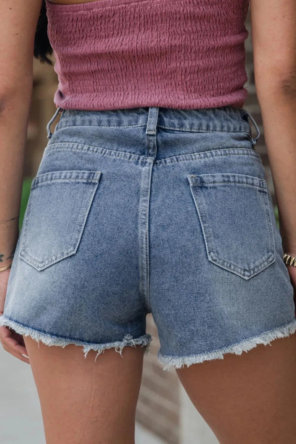 Pearl Beaded Raw Hem Wash Denim Shorts Simply Love