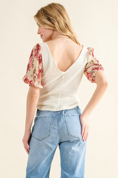 Floral print textured sleeve top