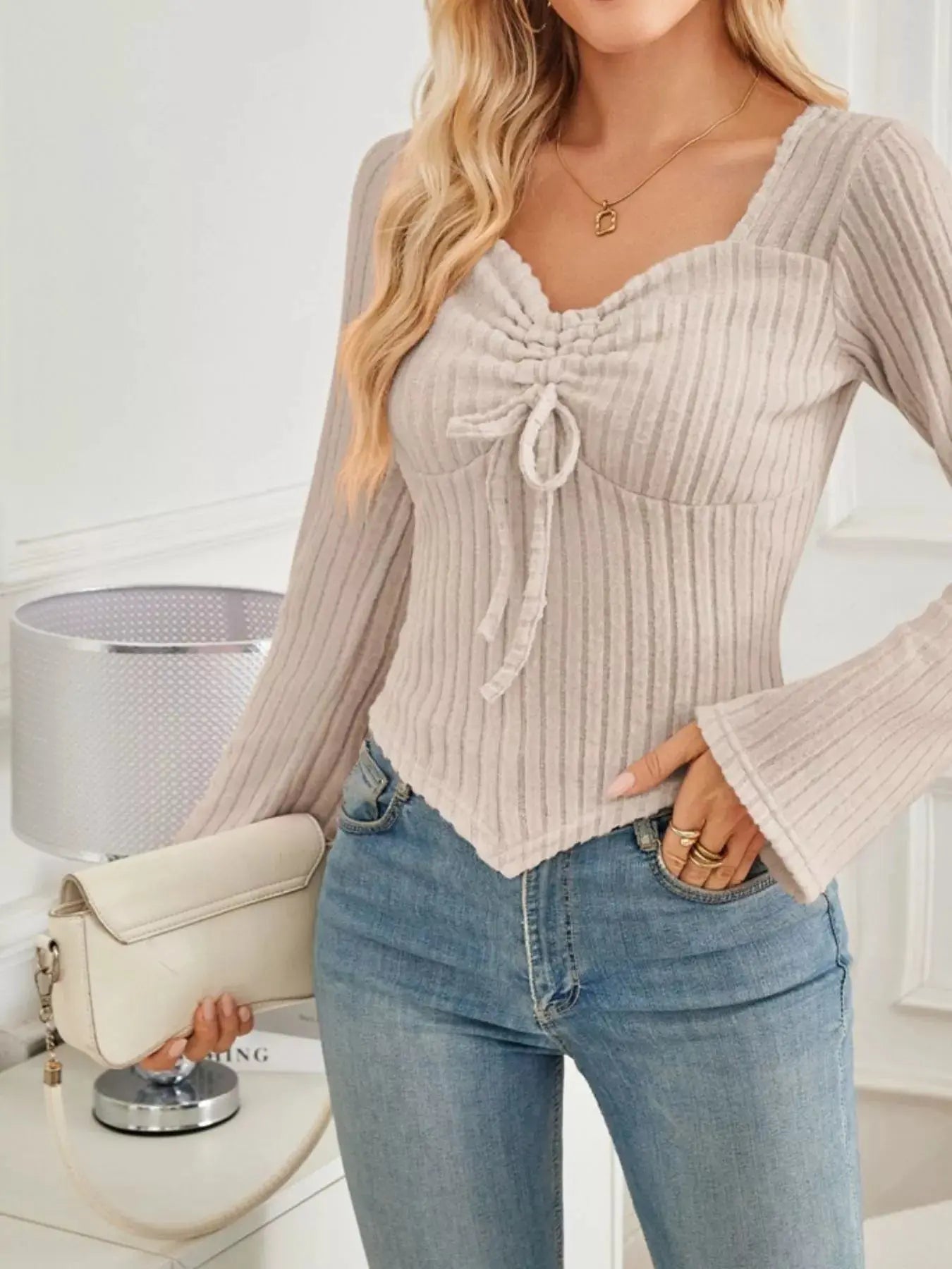 Ribbed Knit Tie Front Long Sleeve Top With Drawstring Detail Simply Love