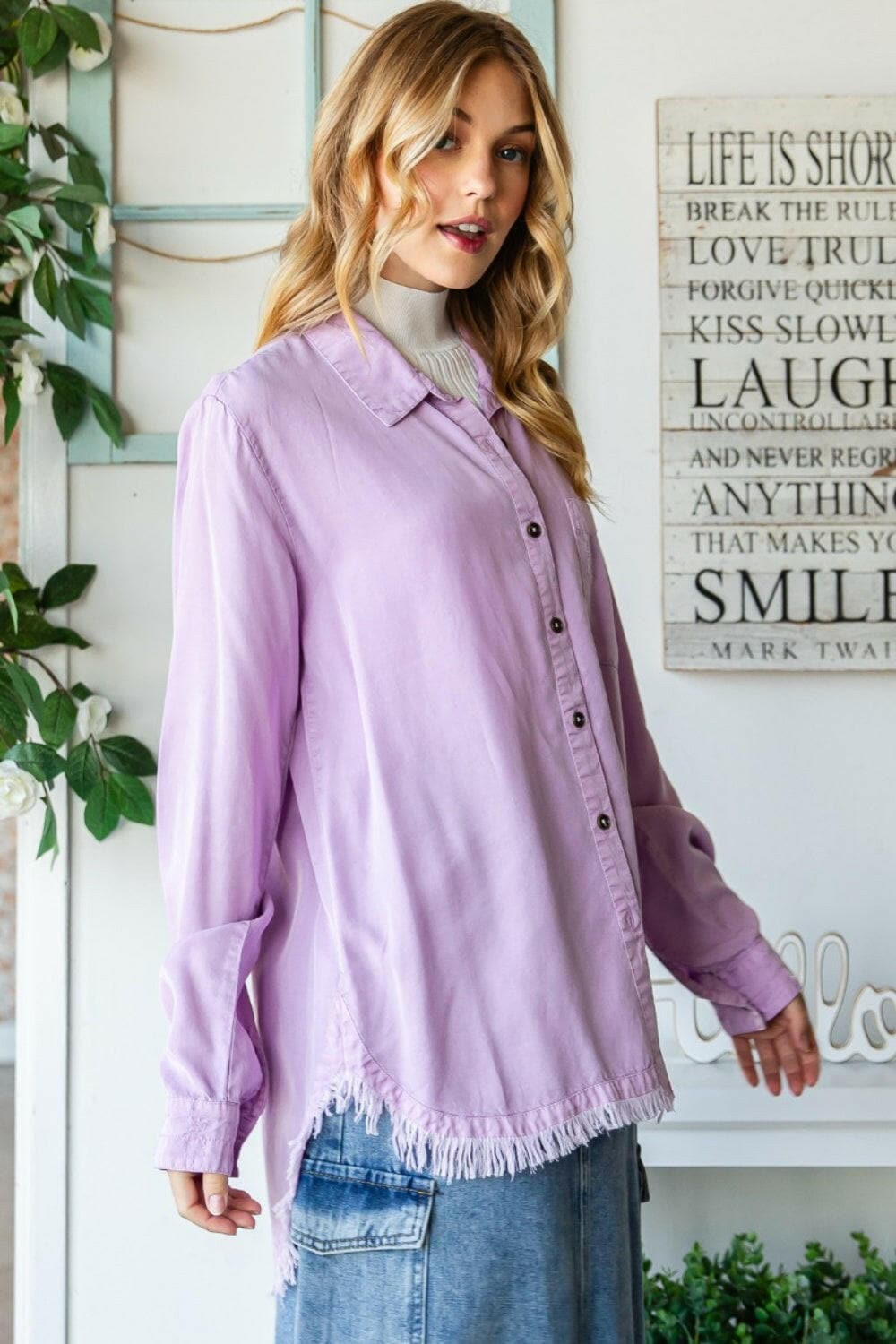 Veveret Raw Hem Button Up Long Sleeve Shirt.