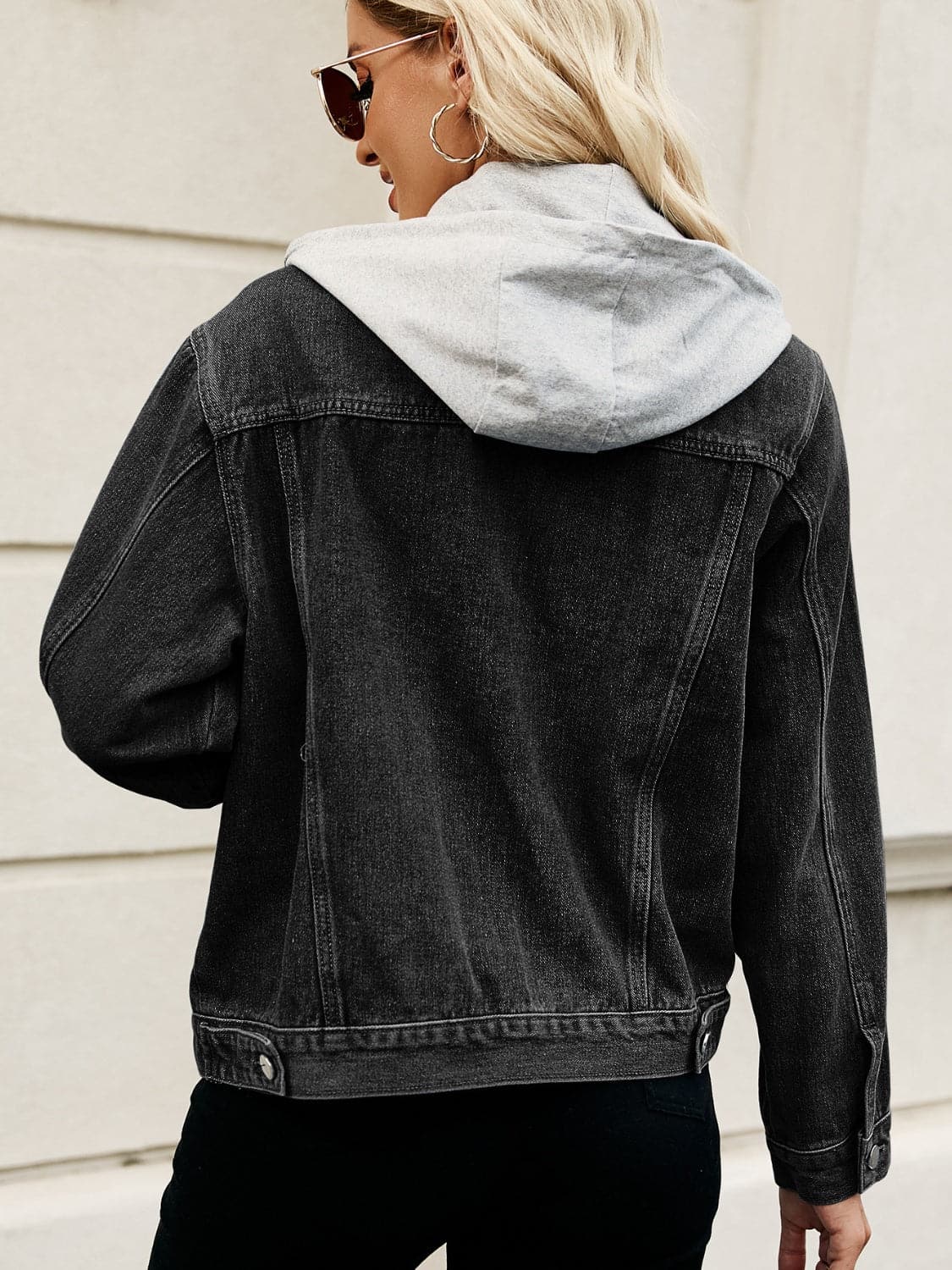 Drawstring Hooded Button Up Denim Jacket.