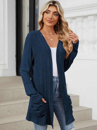 Pocketed Open Front Long Sleeve Cardigan.