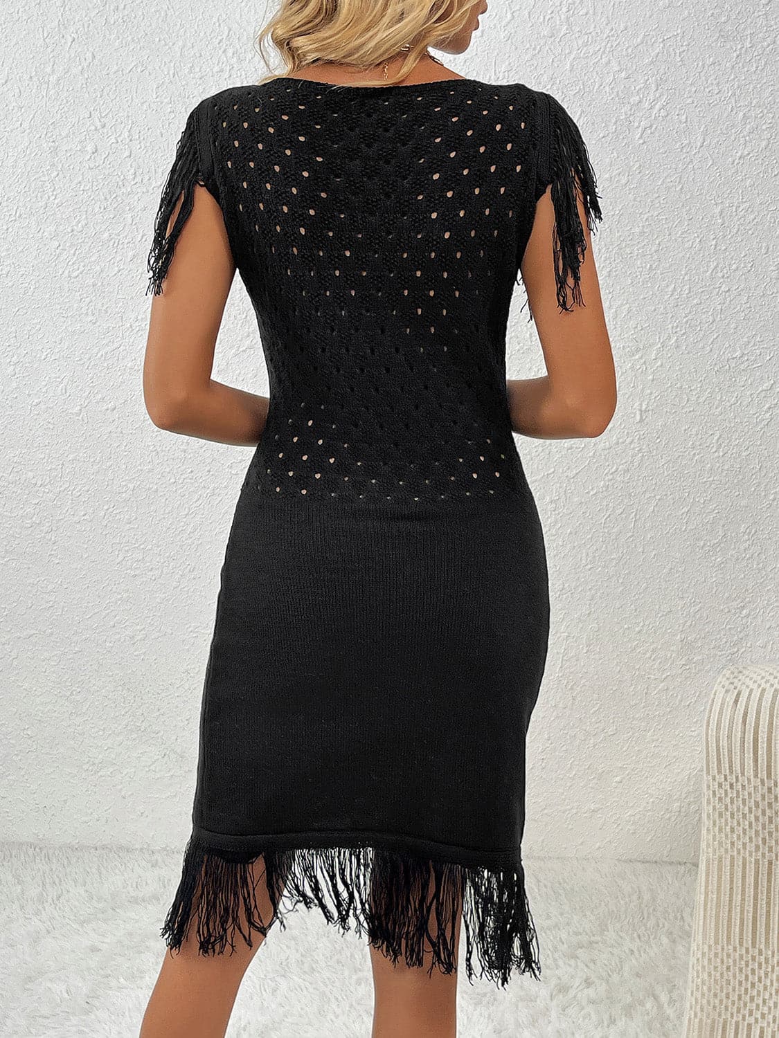 Fringe Openwork Boat Neck Knit Dress.