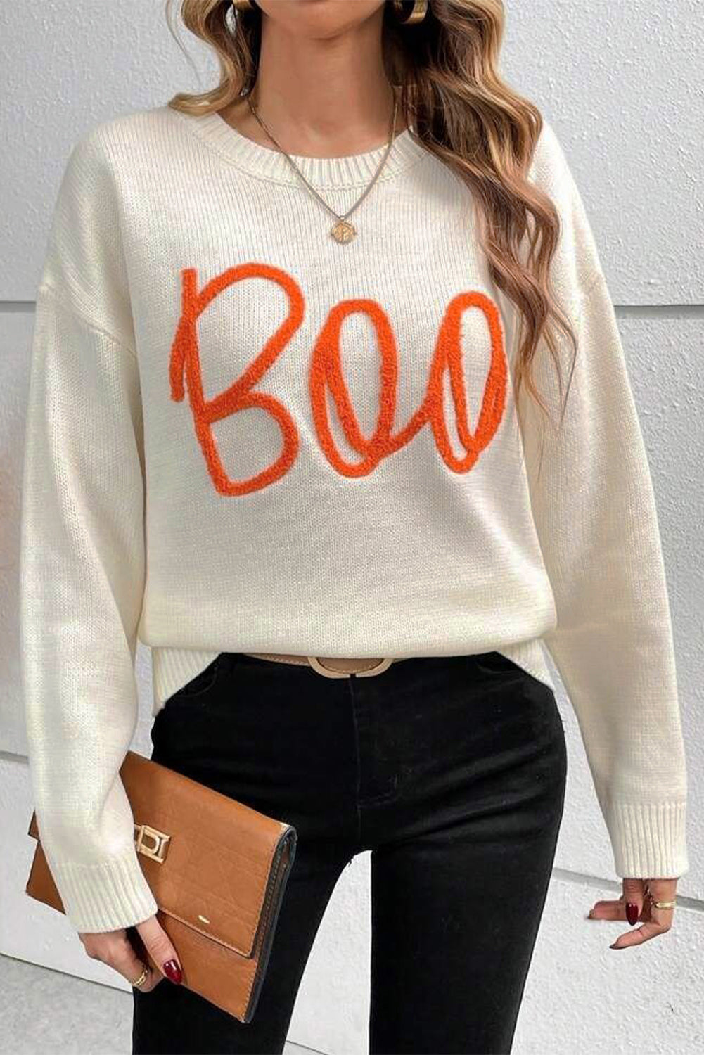 Cozy apricot "Boo" ribbed edge drop shoulder sweater