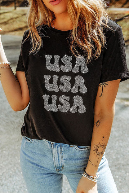 USA rhinestone short sleeve tee with rhinestone detail, sheer design, and stretch fit.