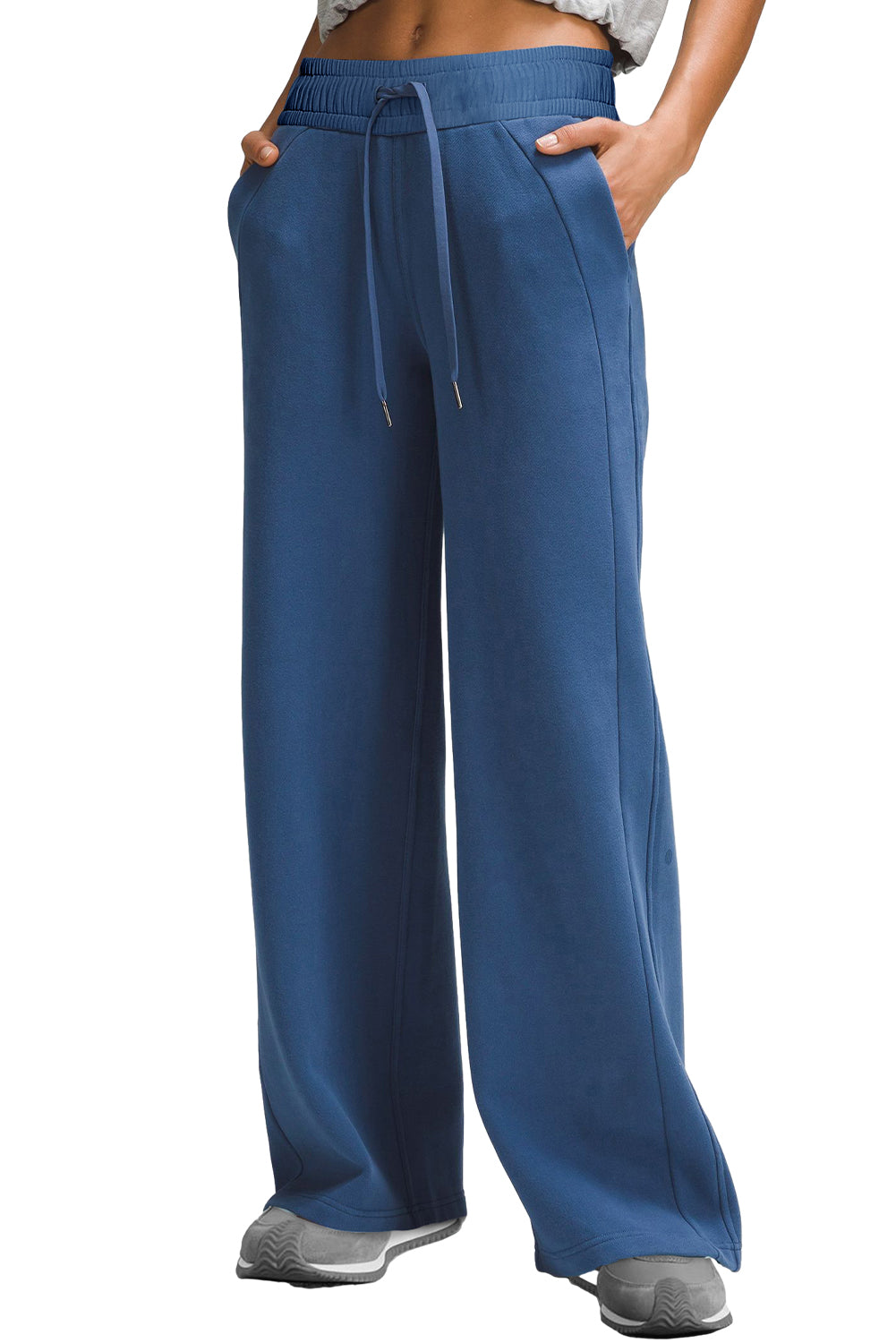 Sail blue high-waist wide-leg sweatpants with pockets and drawstring