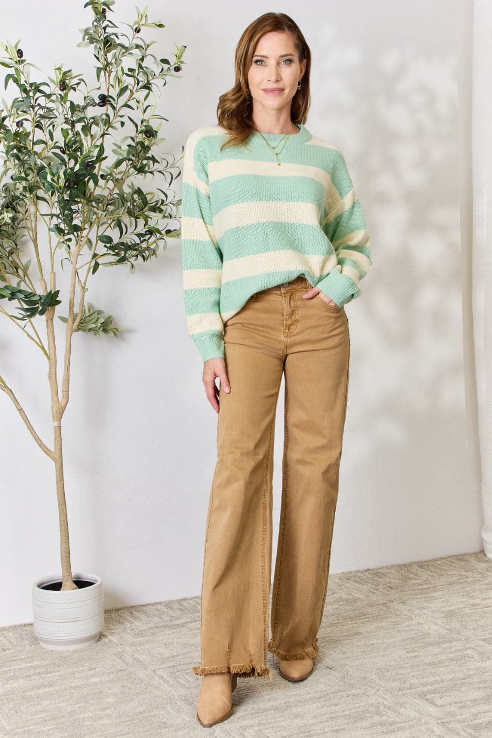 Sew In Love Full Size Contrast Striped Round Neck Sweater.