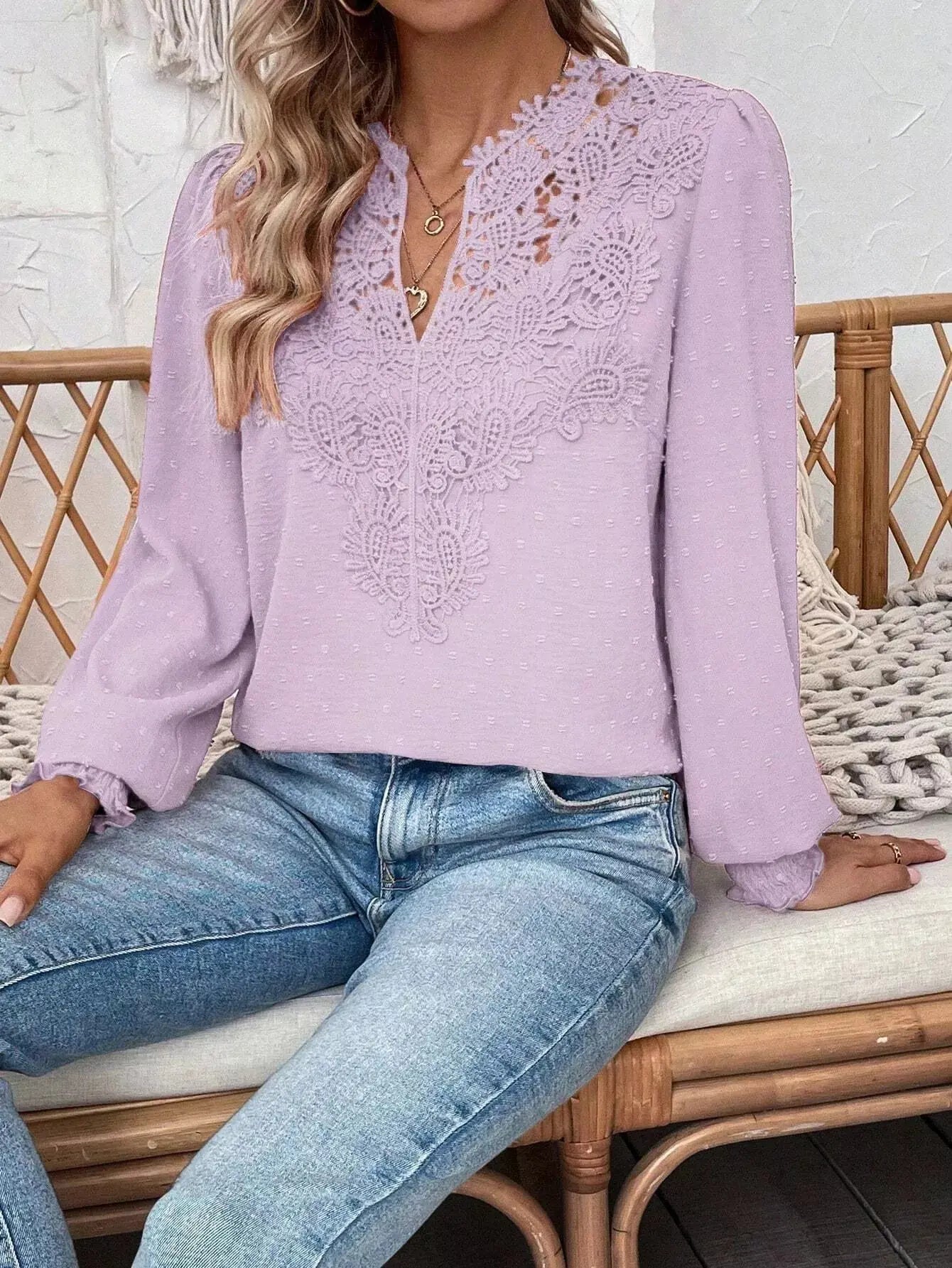 Lace Trim Long Sleeve Blouse Simply Love