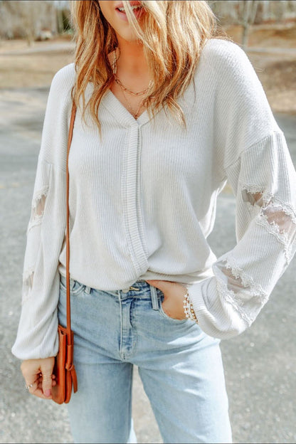 Lace Trimmed Ribbed Drop Sleeve Blouse