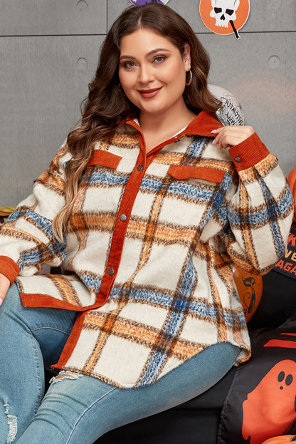 Chic plaid plus size collared button-up jacket with brown stripes