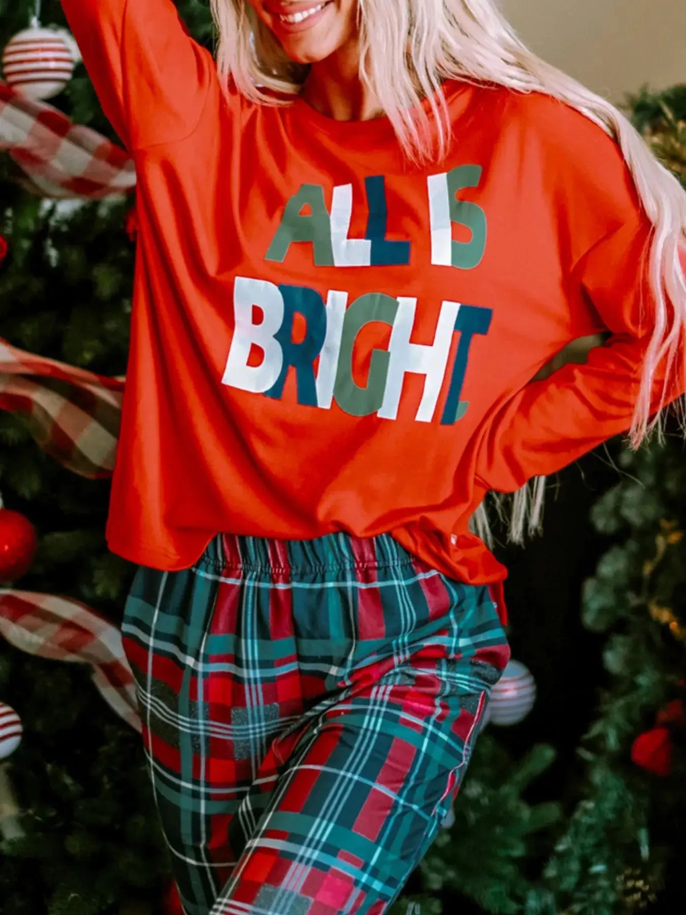 ALL IS BRIGHT Graphic Christmas Plaid Pajamas Set Simply Love