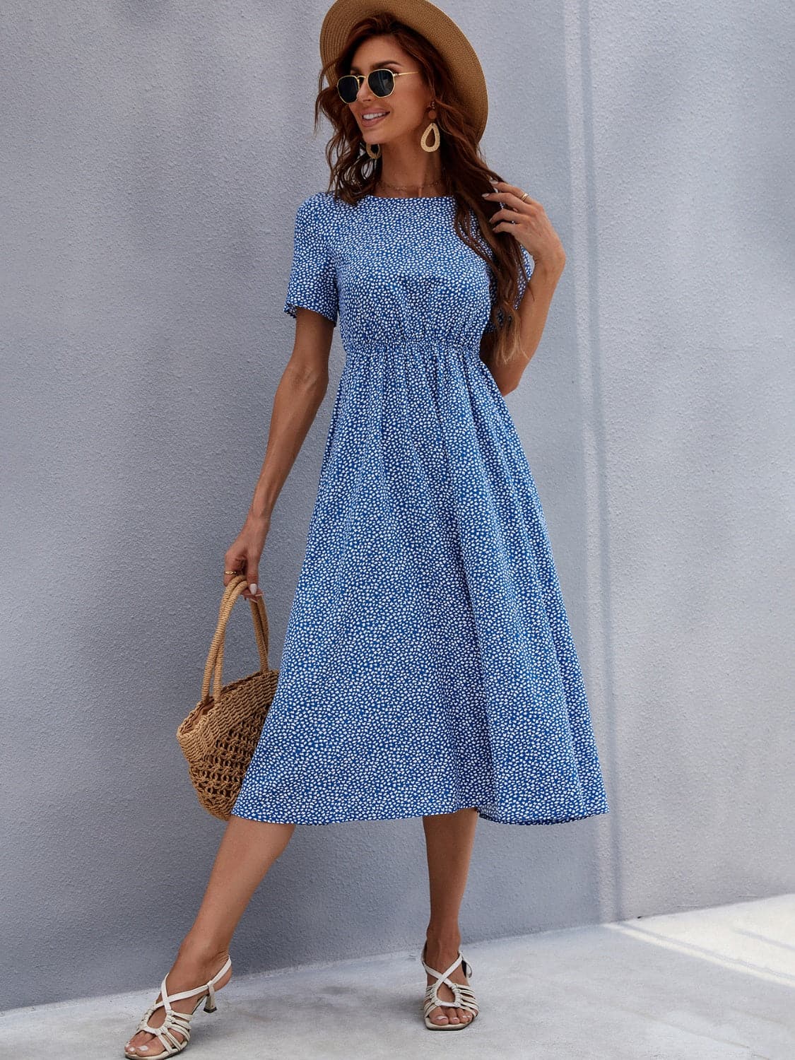 Printed Round Neck Short Sleeve Midi Dress.