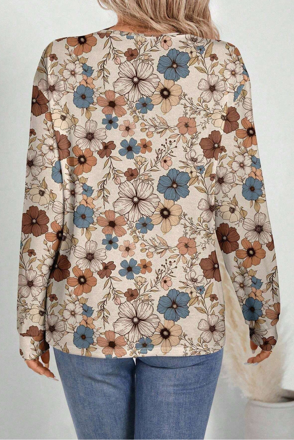 Khaki Floral Print Loose Crew Neck Long Sleeve T Shirt Fashion