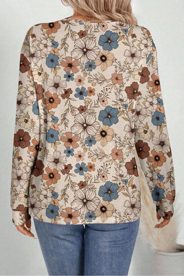 Khaki Floral Print Loose Crew Neck Long Sleeve T Shirt Fashion