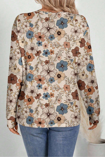 Khaki Floral Print Loose Crew Neck Long Sleeve T Shirt Fashion