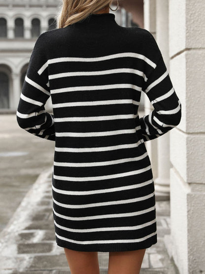 Striped Mock Neck Long Sleeve Mini Dress.