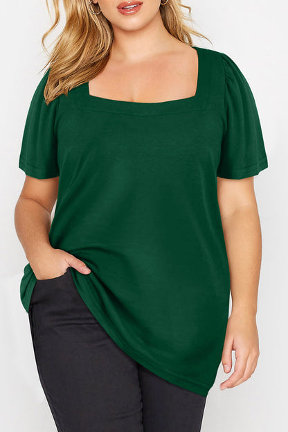 Chic green plus size square neck top with ruched shoulders